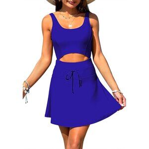Women's Sapphire Blue One Piece Scoop Neck Cutout Tummy Control Skirt Bathing
